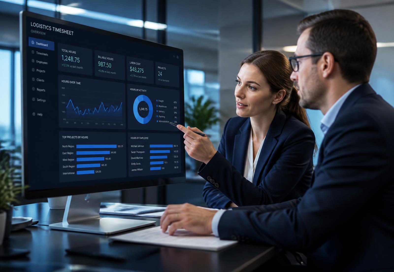 Analysts reviewing a logistics timesheet dashboard in a modern office