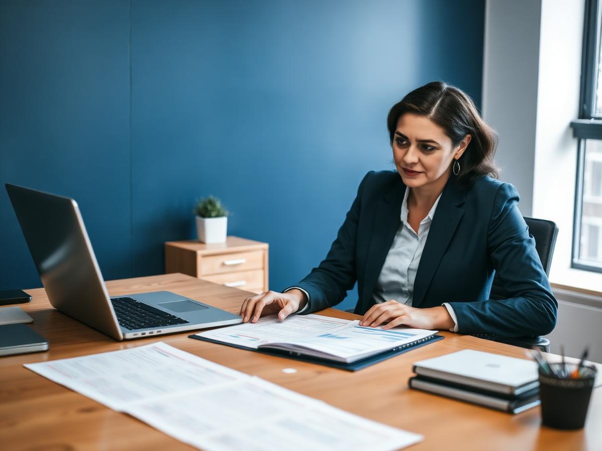 Payroll administrator checking weekly timesheets at a desk